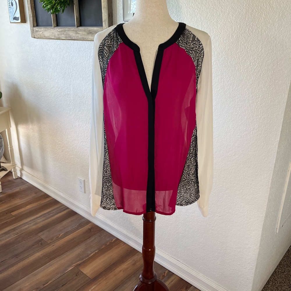 Worthington  Colorblock Blouse in Magenta, Black & White